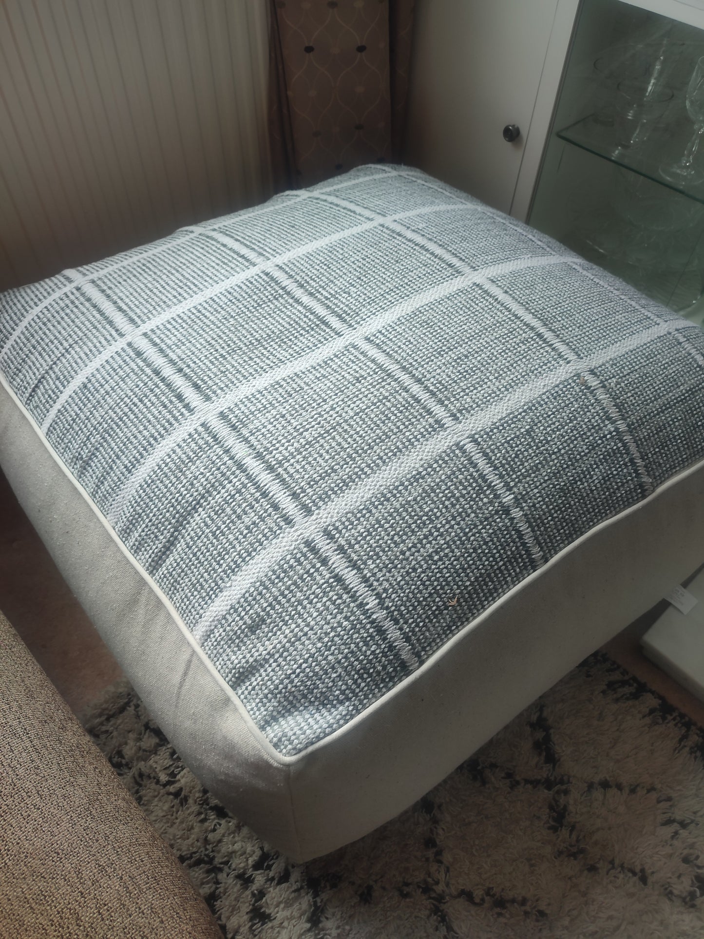 Upholstered Grey Check Cotton Fabric Pouffe