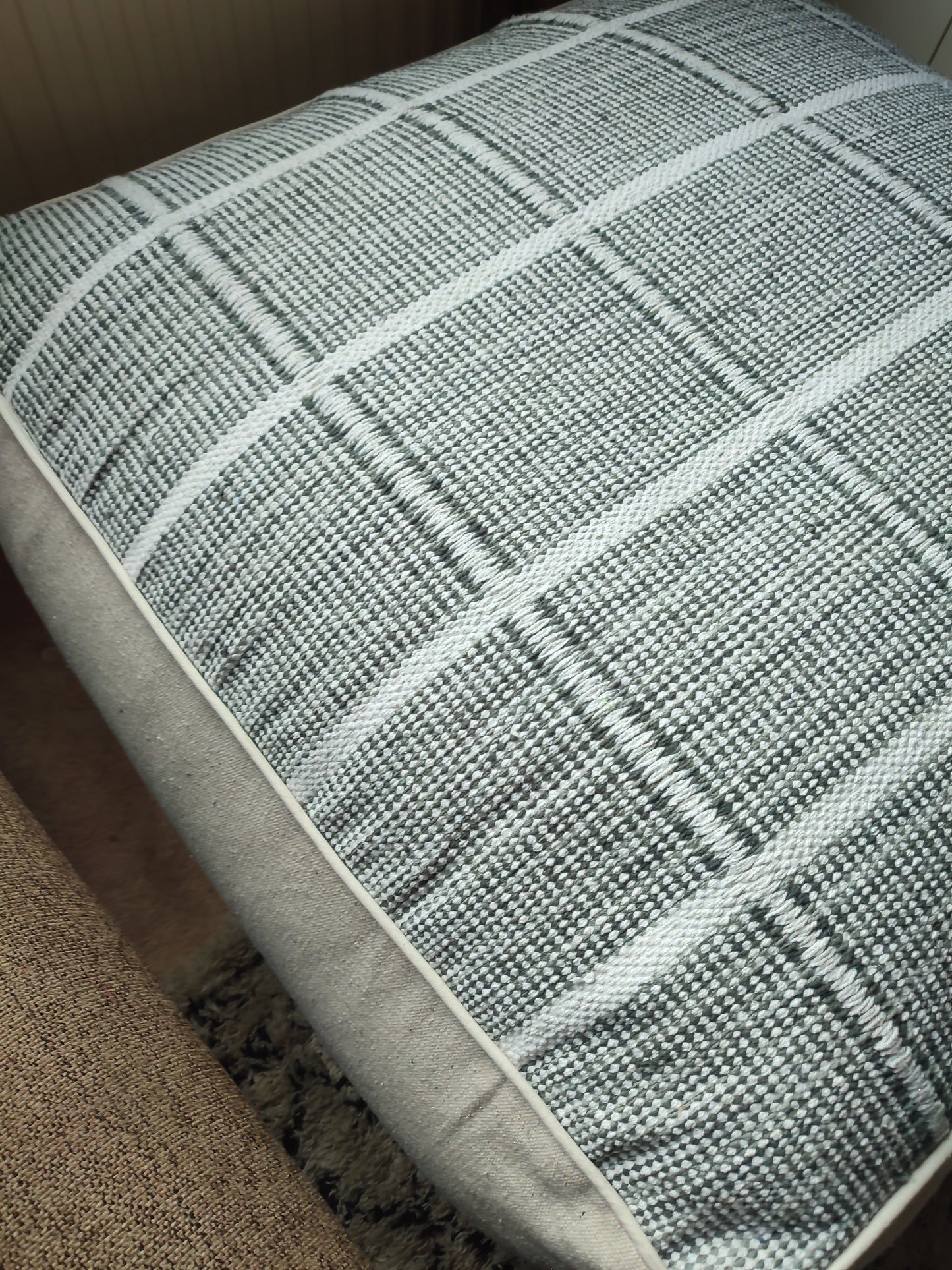 Upholstered Grey Check Cotton Fabric Pouffe
