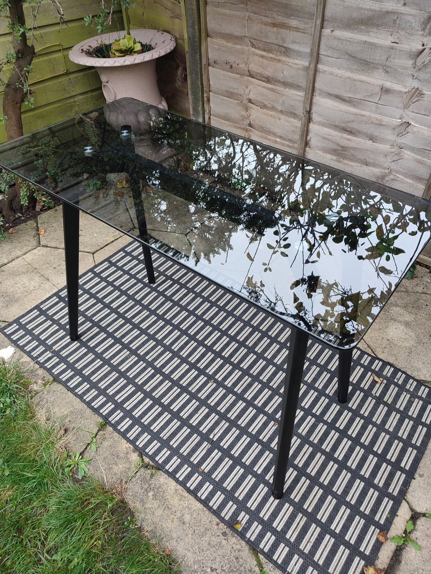 Console Table with Smoked Tempered Glass Top and Solid Oak Base in Black Finish