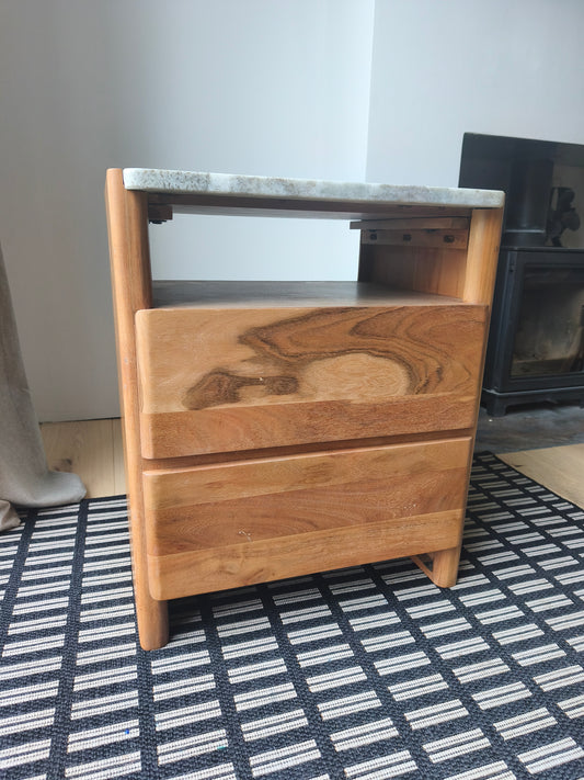 Solid Acacia Wood and Marble Top Bedside Table with 2 Drawers
