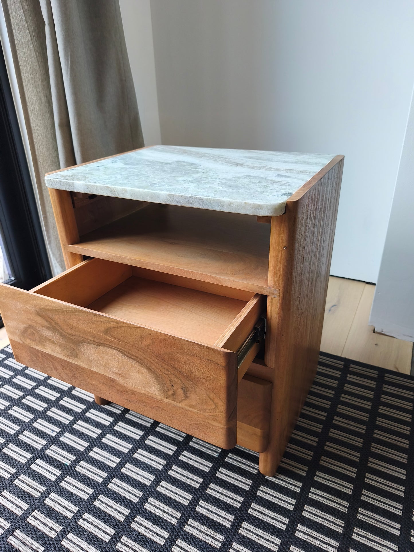 Solid Acacia Wood and Marble Top Bedside Table with 2 Drawers