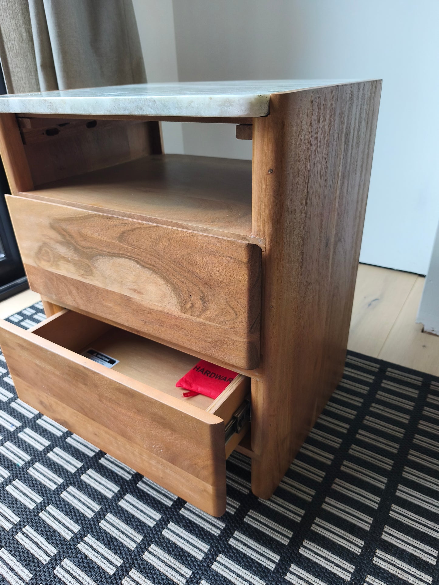 Solid Acacia Wood and Marble Top Bedside Table with 2 Drawers