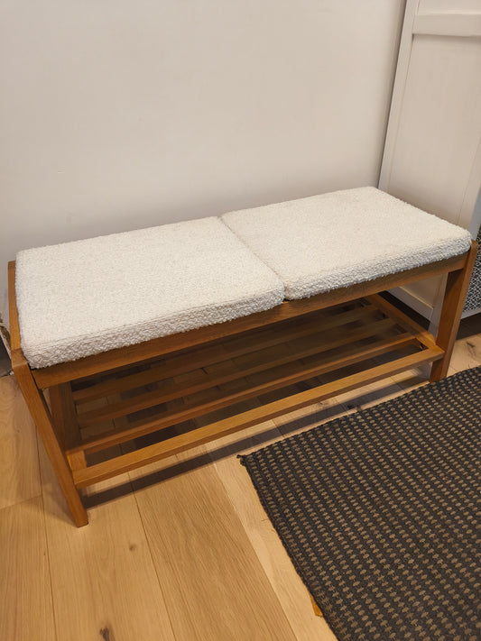 Solid Oak Hallway Storage Bench with boucle style cushions