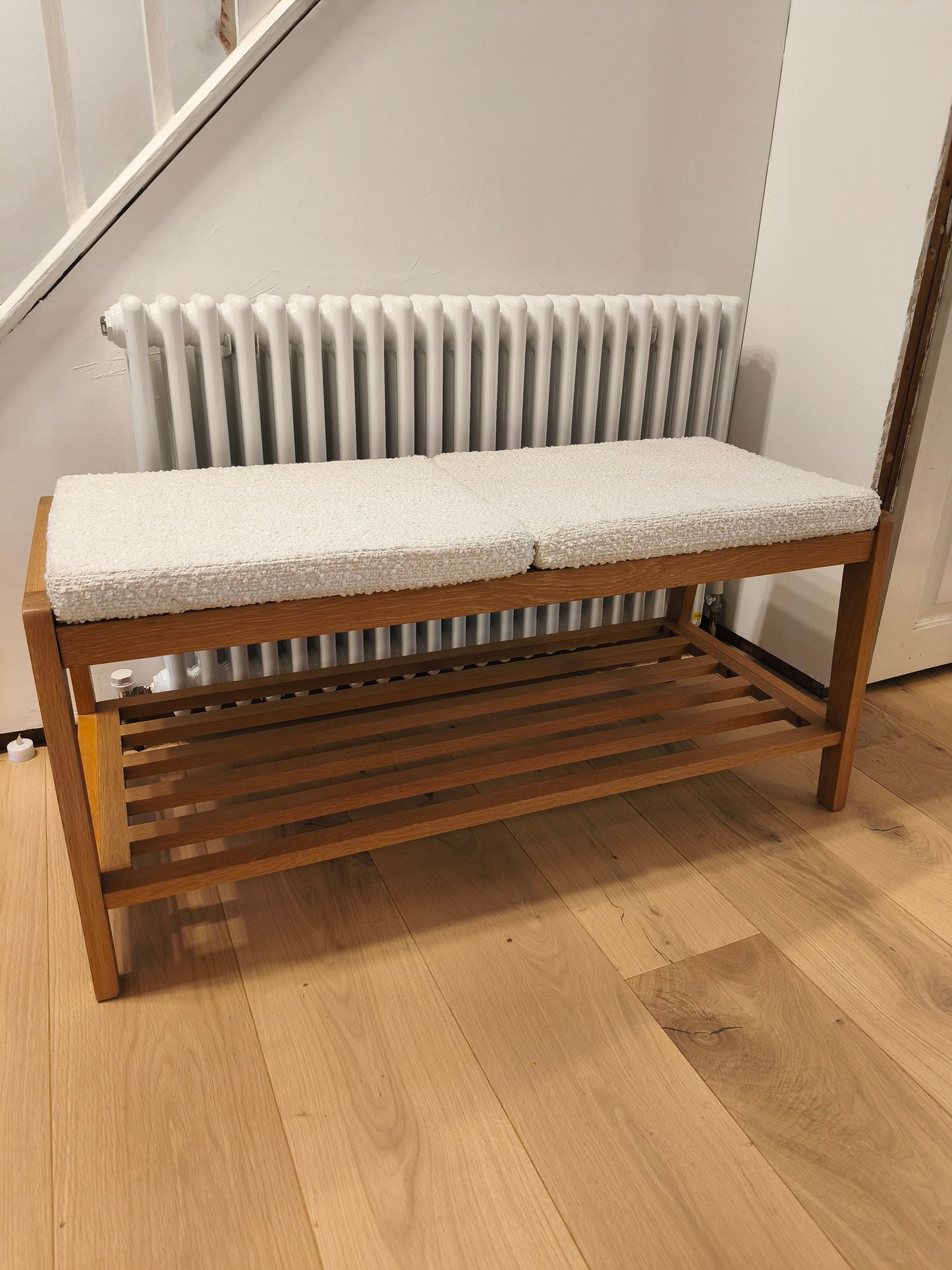 Solid Oak Hallway Storage Bench with boucle style cushions