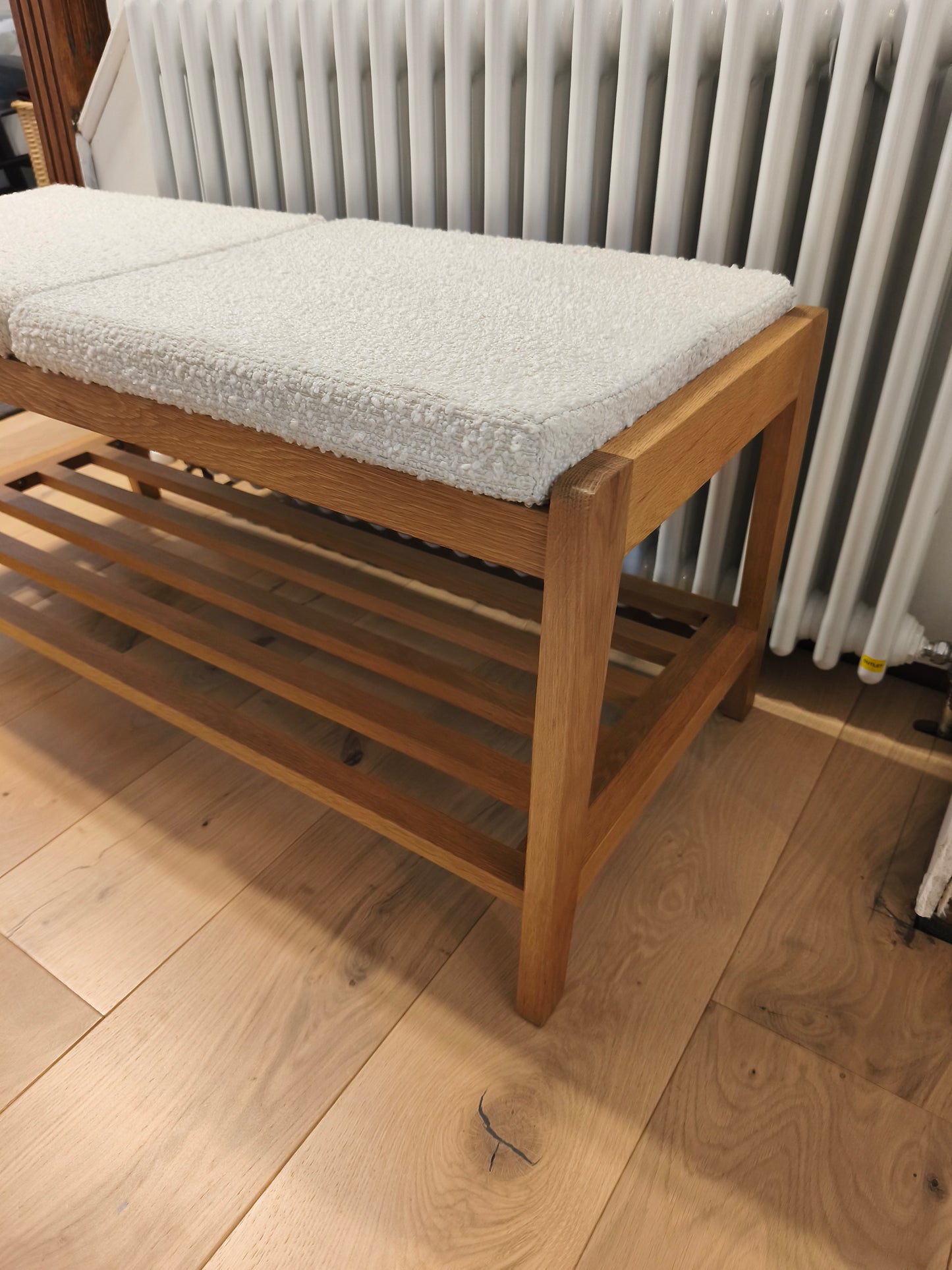 Solid Oak Hallway Storage Bench with boucle style cushions