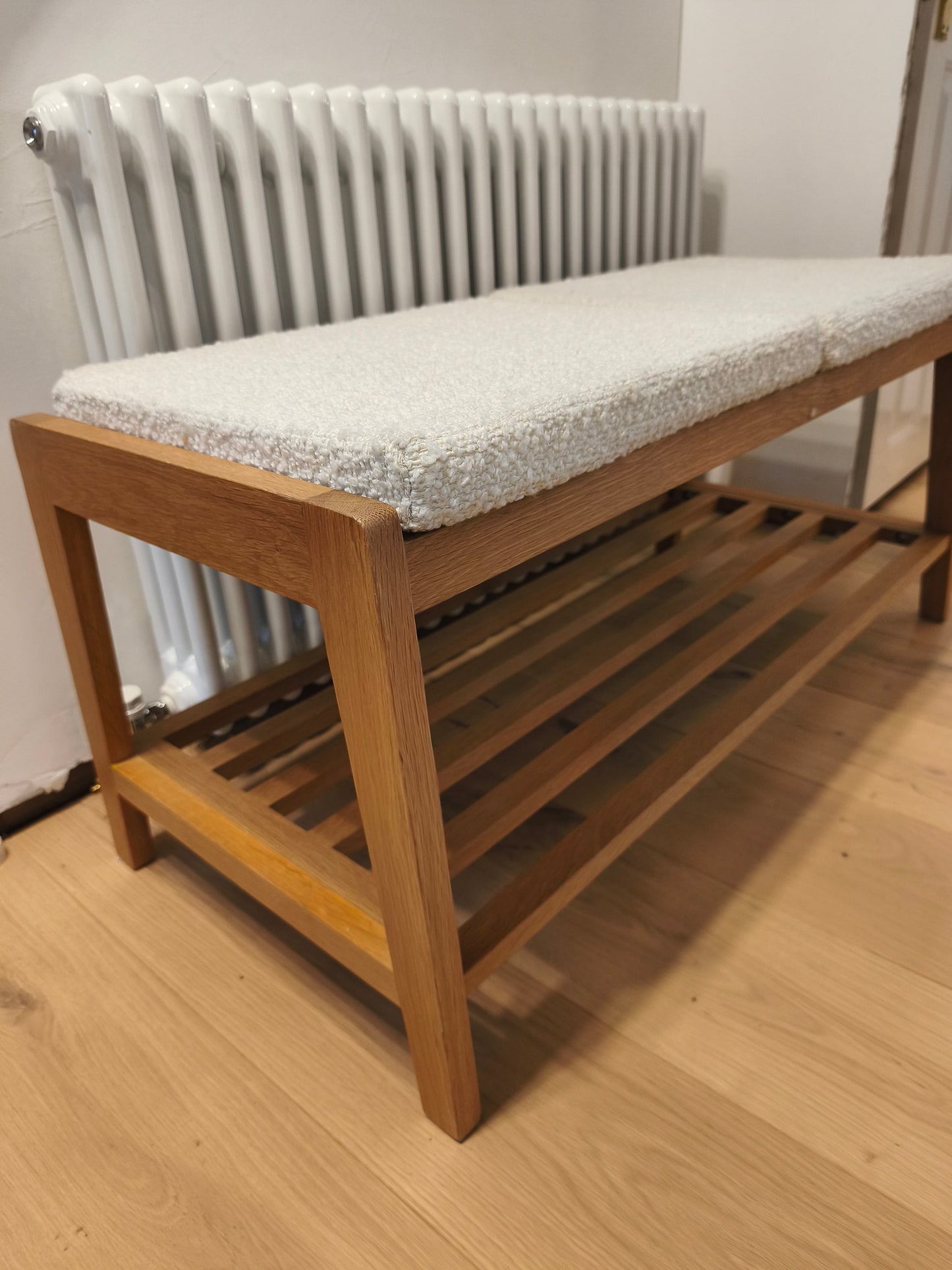 Solid Oak Hallway Storage Bench with boucle style cushions