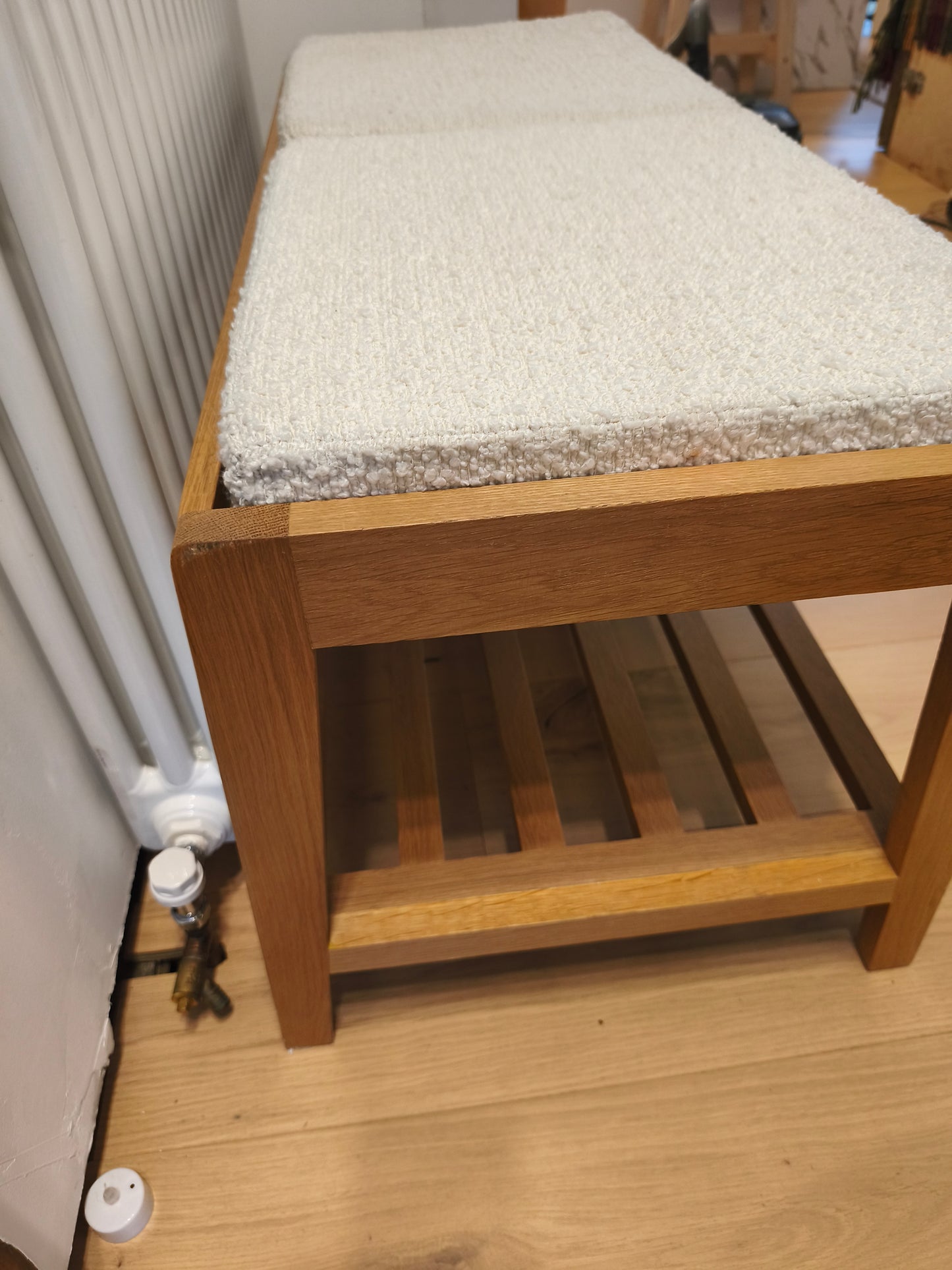 Solid Oak Hallway Storage Bench with boucle style cushions
