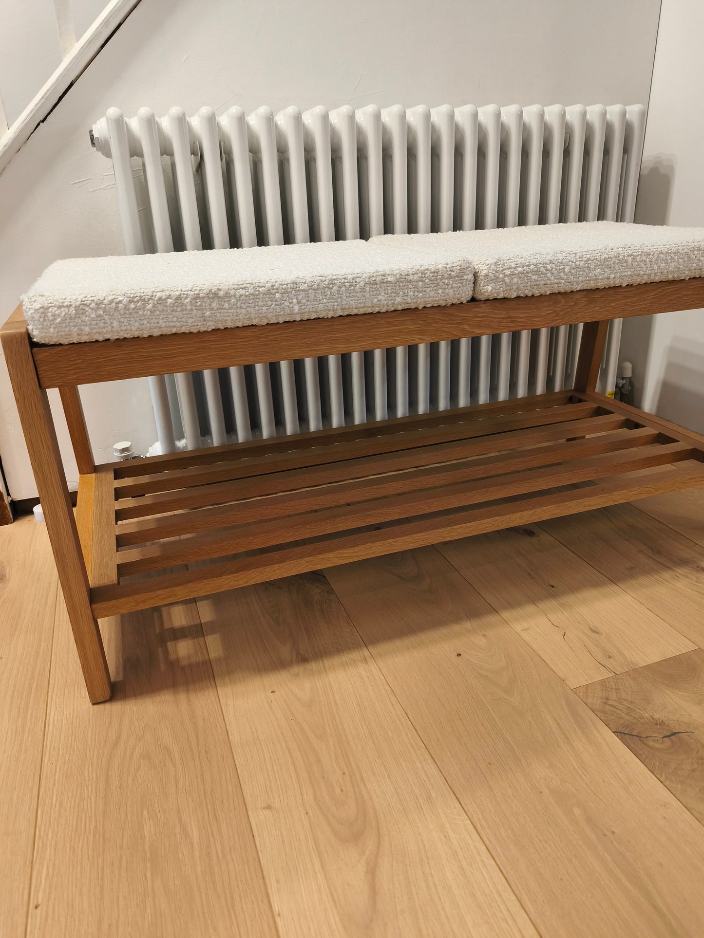 Solid Oak Hallway Storage Bench with boucle style cushions